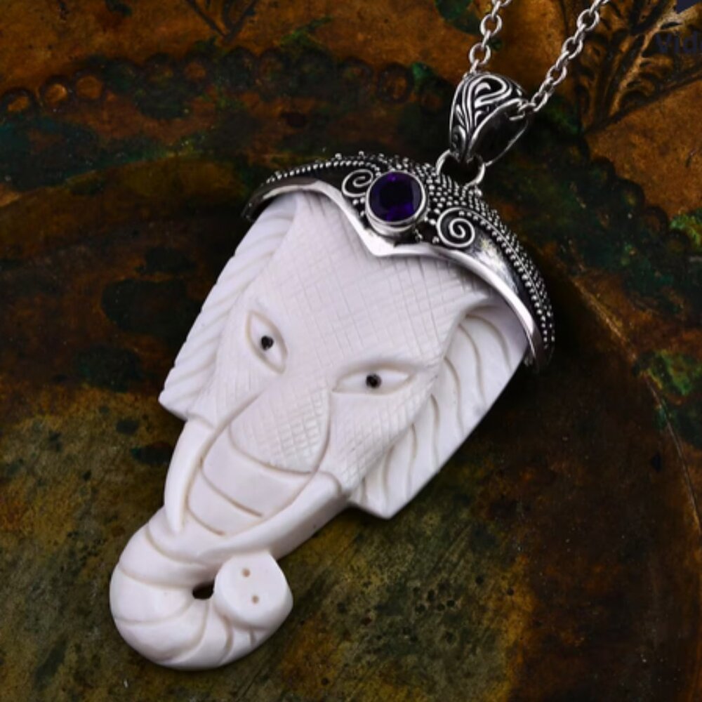 Elephant Pendant Carved Bone & African Amethyst Sterling Unique